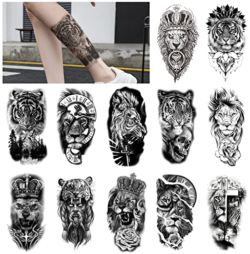 INTEROOKIE 12 Teile/Paket Schwarzer Löwe Tiger Anzug Tattoo Aufkleber Arm Wade Wassertransfer Tier Design Simulation Tattoo Aufkleber