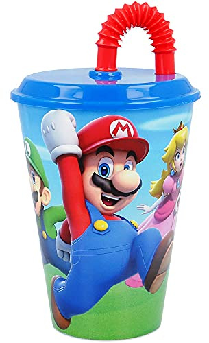 CARTOON Bicchiere con cannuccia Super Mario per bambini in plastica riutilizzabile semirigida BPA Free capacità 430 ml