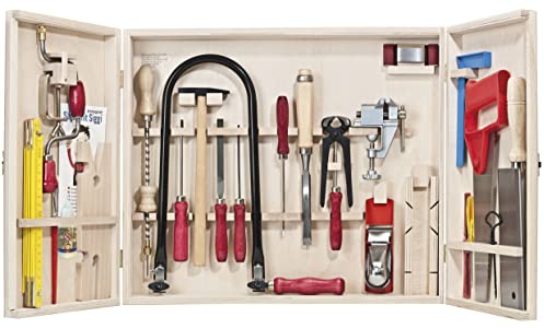 Pebaro 419A - Armadietto professionale per seghetto, 31 pezzi, set completo in armadietto in legno, utensili in acciaio, curvo per traforo realizzato in Germania, trapano, fai da te con legno, seghe