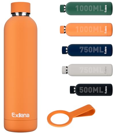Exllena Trinkflasche Edelstahl 1l – Hochwertige Thermosflasche Mit Silikongriff für Sport, Büro und Reisen - 24 Stunden Kühlfunktion - 12 Stunden Warmhaltefunktion - Auslaufsicher (Orange)