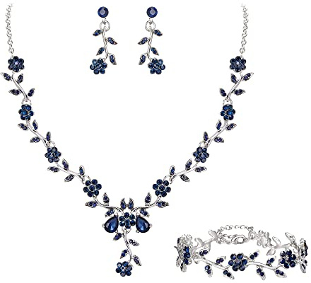 Clearine Parure Bijoux de Mariage Fête Feuille Fleur Cristal Collier Pendaison Boucles d'oreilles et Bracelet Set pour Femme Bleu Encre Ton d'argent