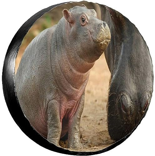 Reifenschutzhülle Nilpferd Wildtiere Familie Trinkwasser Schmutz Auf Mund Sauberen Reserveradabdeckung Waschbar Reifen Schutzhülle Für Truck Fahrzeuge SUV 16inch