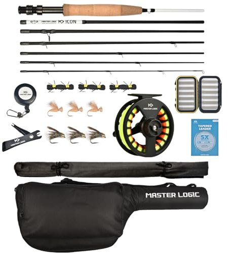 MASTER LOGIC Kombi-Starter-Set für Fliegenfischen und Angelrolle, Graphit-Fliegenrute mit Korkgriff, Aluminium-Druckguss-Spule, Fliegenbox-Koffer & Angelfliegen und Tragetaschen-Zubehör (1,5 m - 2,7 m