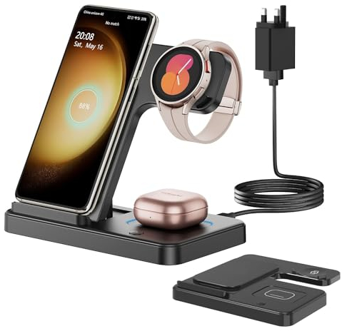 GEEKERA Wireless Charger for Samsung, 3 in 1 Foldable Charging Station for Samsung S25/S24/S23/ZFold/Flip, Fast Phone Watch Charger Dock for Galaxy Watch 7/6/5/4, Docking Station for Galaxy Buds-Black