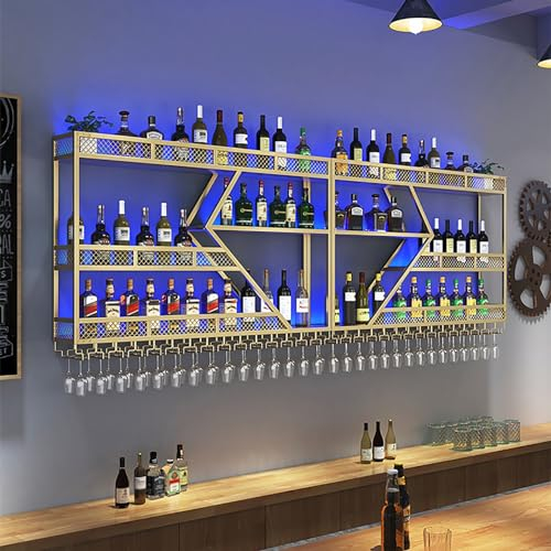 Wall Mounted Wine Rack,Bar Unit Floating Shelves With LED Light,Metal Bottle Holder,Hanging Wine Glass Rack,Wall Bar Shelf,Multi-Functional Wine Storage Display Rack For Home Bars Dining Room Kitchen