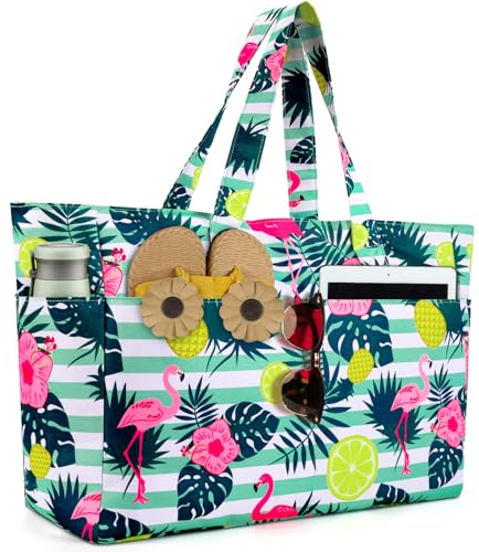 ISEYOU Strandtasche XXL Familie, Groß Strandtasche mit Reißverschluss Wasserdicht Sanddicht, Handtasche Umhängetasche Damen 45L, Faltbar Ultraleicht Badetasche für Urlaub Reisen Fitnessstudio Picknick