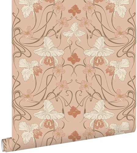 papier peint fleurs vintage de style art nouveau rose terracotta 53 cm x 10.05 m - ESTAhome