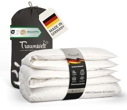Traumwelt Natur Made in Germany Daunendecke 200x200 cm aus 100% reinen Federn & Daunen Klasse 1, Ganzjahresdecke, Allergiker geeignet (nomite), Öko-Tex 100 Klasse 1 Zertifiziert, Downpass
