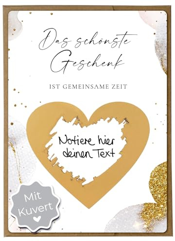 Joli Coon Das schönste Geschenk ist gemeinsame Zeit 5 Rubbelkarten | 350g Designerpapier, fühlbare UV-Lack-Veredelung, naturfarbenes Steckkuvert mit goldenem Herz, Premium-Papeterie