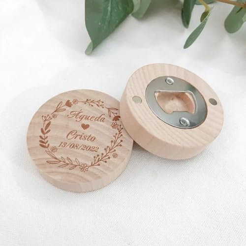 Abridor de botellas redondo de madera personalizado, abrebotellas personalizado para boda, recuerdo de fiesta de boda, recuerdo de boda personalizado (50 unidades)