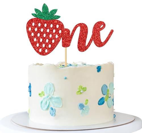 Fruit Stawberry One Cake Topper - Girl's 1st Birthday Party Cake Supplies - Baby Shower - Berry 1st Anniversary Party Decoration - Red Glitter