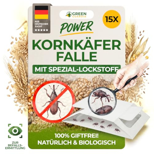 GREEN GUARDIA Kornkäfer Falle mit Spezial-Lockstoff - 15x Kornkäfer Fallen - umweltfreundlich Kornkäfer bekämpfen, Chemiefreie Falle mit starker Klebefläche, giftfrei & geruchsneutral