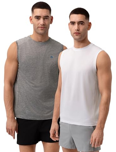 DANISH ENDURANCE Sportlinne herr, löpartröja, muskeltröjor, funktionell skjorta, Activewear för män, lätt och andas, 1-pack eller 2-pack, Flerfärgad (1 x grå melerad, 1 x vit), L