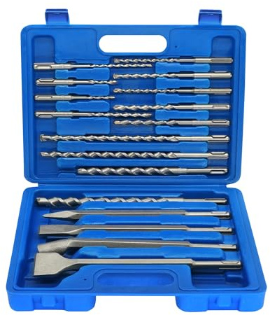 Axelord 17Pcs SDS Plus Rotary Hammer Drill Bit Set,Concrete Drill Bit Kit with Point Chisel,Flat Chisel,Cross Type Double Thread Carbide Material for Concrete,Bricks,Tiles,Stone and Glass
