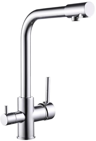 3 Way Kitchen Tap with Drinking Filtered Water Outlet, 3 in 1 Kitchen Sink Mixer Tap, Dual Lever Drinking Water Tap, 360° Swivel Hot Cold Water Filter Taps (Plating Silver)