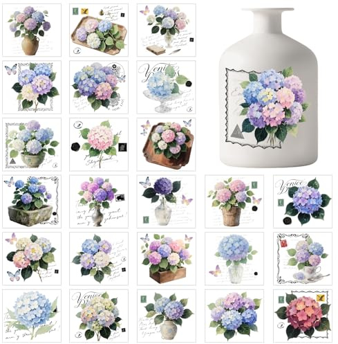 GLOBLELAND 25 hojas de adhesivos vintage para frascos de vidrio coloridos con hortensias y flores, adhesivos de plástico para lámparas, tazas de vidrio, jarrones, decoración para el hogar