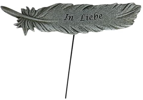 Feder Deko Grabschmuck - Grabfigur In Liebe Stecker - Grau Antik Polyresin | Dekofigur fuer das Grab, wetterfest und frostsicher, Breite 14cm, Trauerfeder als Gedenkstein Alternative am Friedhof