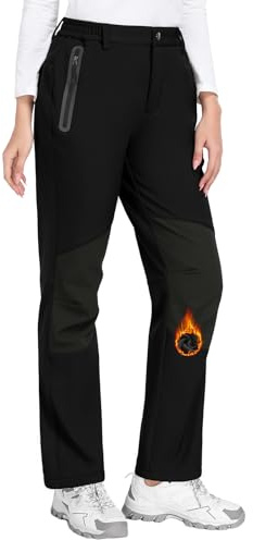 PASUDA Pantalon Ski Femme Hiver Imperméable Pantalon Randonnée Polaire Chaud Taille Élastique Anti-Frottement Genoux Softshell Pantalon Sports Travail Voyages avec Poche Zippée (Noir, M)