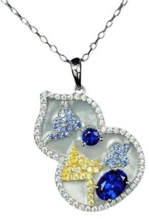 Sumpgle Collana con ciondolo orientale a forma di orchidea prugna di bambù, in madreperla, vintage, gioiello con cristallo rosa, gemma blu reale, da donna