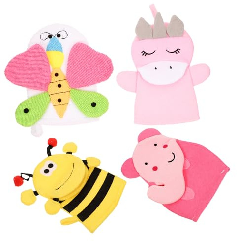 Cartoon Waschhandschuhe für Kinder, 4 Stück-pack Badehandschuhe | Nacken und Gesicht, Bad und Dusche, Verbundbaumwolle mit Leichter, Geschmeidiger Textur Zufälliger Stil