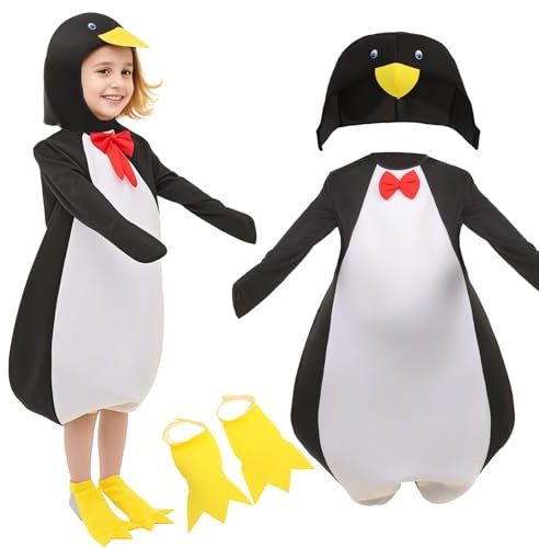 Lustiges Pinguin-Kostüm mit Kapuzen-Overall, roter Fliege und Flossen-Covern – Tierisches Faschings-Outfit für Halloween, Karneval, Cosplay und Partys (L)