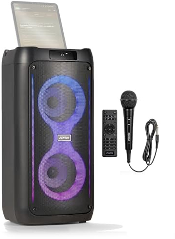 Fenton Core80 Bluetooth Karaoke Speaker Set with Microphone, Dual 4 Woofers, Full-Panel LED Lights, Tablet Holder, Portable Party Box, 120W Max Output, Rechargeable Battery