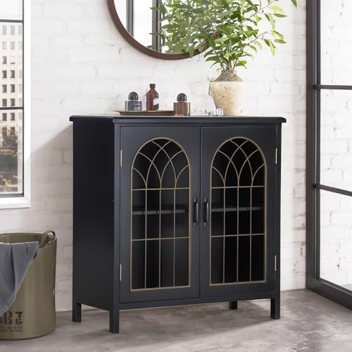 ALPHA HOME Sideboard mit 2 Türen, Aufbewahrungsschränke für Wohnzimmer | Dekorative Küchenschrank mit Massivholzrahmen & Beinen für Wohnzimmer, Flur, Küche, Eingangsbereich, Schwarz