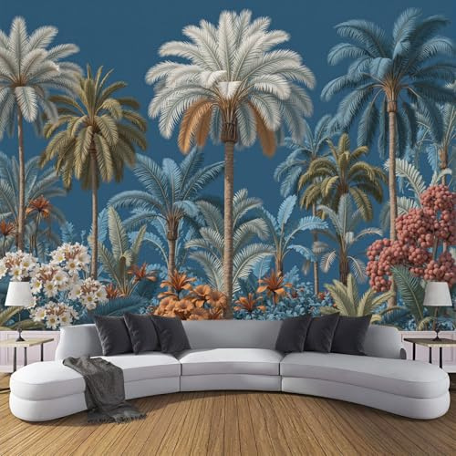 DLERFLOVR Palm Tree Flowers Photo Wallpaper Tropical Style Wall Mural Silk Wall Décor Art Poster Picture Design for Living Room Bedroom Dorm Décor 400x280cm, Dark Blue