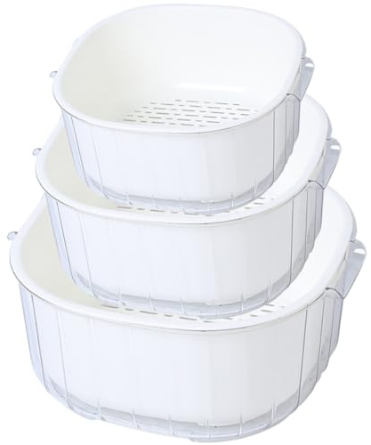 MOLUCKFU Juego de 3 Cestas para Escurrir Frutas y Verduras de Cocina Doble Capa Plástico Seguro Color Blanco Tamaños Pequeño Mediano y Grande Utensilios Prácticos para Lavar y Drenar