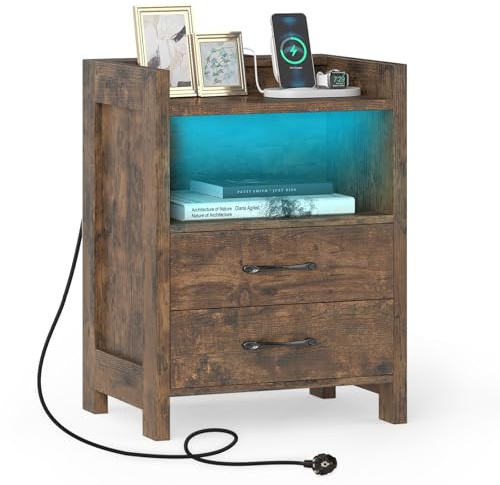 COSTWAY Table de Chevet avec Prise, Table de Nuit LED en 16 Couleurs, 2 Prises, Port USB, Type-C, 2 Tiroirs, Étagère Ouverte, Chevet de Lit Connectée pour Chambre, Salon (1,Marron Rustique)