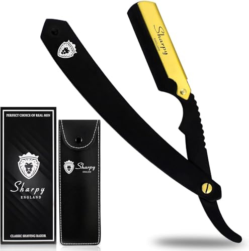 SHARPY Cut Throat- Matte Black with 24K Gold Plated Straight - Moustache & Beard Shaving set (Blades are not included)