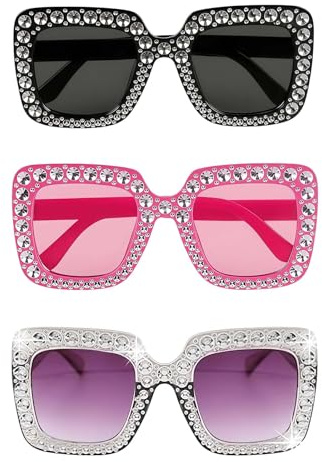 AHEZQILU 3 Pcs Lunette Disco Paillettes et Deguisement Disco, Lunette Annee 80 Vintage pour Femme Homme, Lunettes de Soleil Strass Carrées Oversize pour Soirée Fête Carnaval (Noir, Rose, Argent)