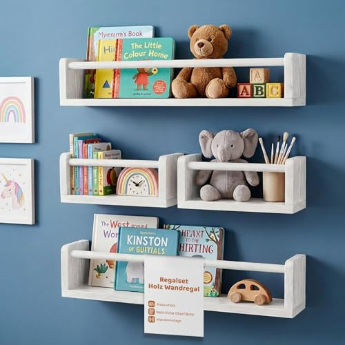 PEGSEN Wandregal Holz 4er Set – Kinderzimmer Regal aus Massivholz – Bücherregal Wand für Kinder, Spielzeug & Deko – Schweberegal Babyzimmer – Regalset (Weiß)
