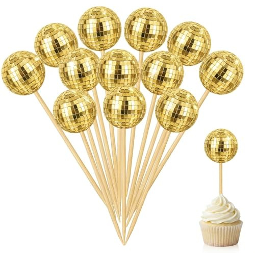 12PCS Disco Ball Cake Decorations, Gold Balls for Cake Decorating, Retro Party Enhancement, Mini Disco Party Toppers for Birthday, Wedding, 2.3 cm Golden Disco Balls
