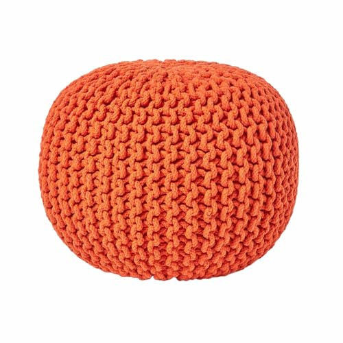 HOMESCAPES Pouf Rond tressé en Coton, Pouf Tricot Coloris Orange, 40x35 cm
