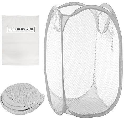 JJOnlineStore Foldable Pop Up Mesh Collapsible Washing Laundry Basket Bag Bin Hamper Toy Tidy Storage Organiser Organizer (White)