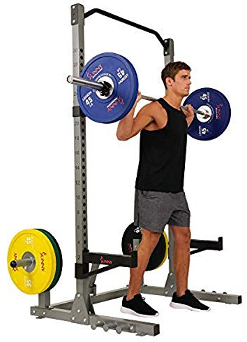 Sunny Health & Fitness Power and Squat Rack with High Weight Capacity, Olympic Weight Plate Storage and 360° Swivel Landmine and Power Band Attachment