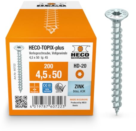 HECO-TOPIX-plus 4,5 x 50, Verlegeschraube, Senkkopf mit Frästaschen, HECO-Drive, HD-20, variables Vollgewinde, verzinkt blau, A3K, 200 Stück