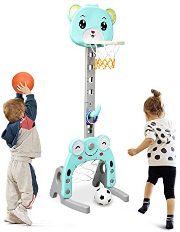 GOPLUS 3-in-1 Sportaktivitätscenter, Basketballkorb & Fußballtor & Ringspiel, Höhenverstellbarer Basketballständer, mit Basketball & Fußball & Ringe, inkl. Luftpumpe