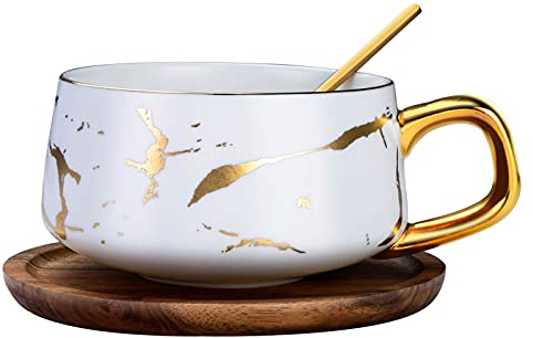 TELANKS Tea Cup and Saucer Set, Porcelain Espresso Coffee Cup Set, with Saucer and Spoon, Ceramic Mugs for Home, Restaurants - White, 300 ml, 1 Pcs