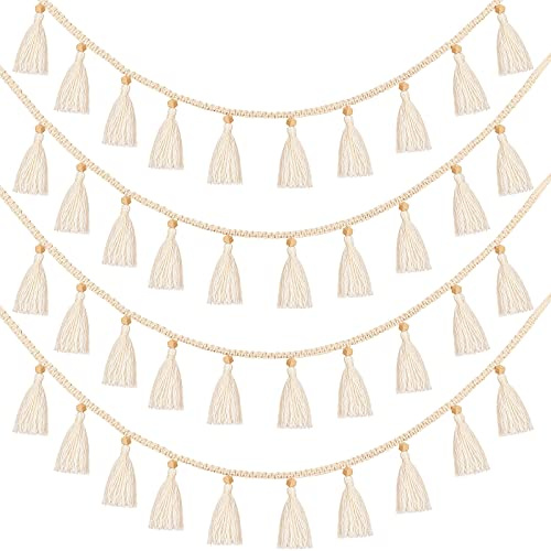 Tatuo Boho Macrame Tassel Garland for Classroom Decor Hanging Tassel Garland Bunting Boho Classroom Decor for Nursery Room Birthday Party Bedroom Dorm(4 Pieces,47.2 Inch)
