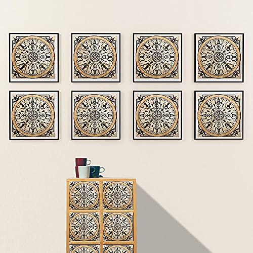 Stick on Tiles Golden Geometric Black Tile Stickers PVC Self Adhesive Wall Tiles Heat Resistant Tile Stickers for Kitchen Bathroom Waterproof Peel and Stick Floor Tiles Tile Paint 20x20cm
