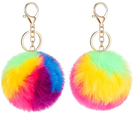 Otuuz 2 Stück Flauschiger Schlüsselanhänger Regenbogen Pompons Schlüsselanhänger 3,9 Zoll Weiche Plüsch Schlüsselringe Kunstpelz Kugel Anhänger mit Vergoldet Schlüsselbund für Frauen Tasche Deko