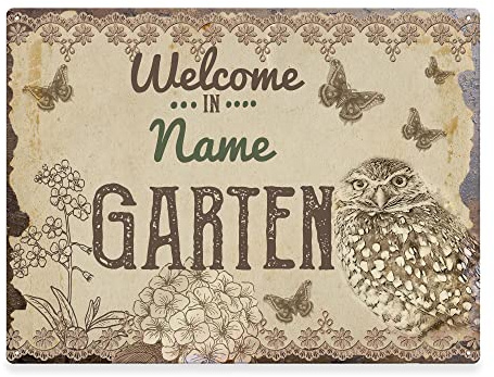 Gartenschild selbst gestalten - Welcome in - Metallschild personalisiert mit Name und Datum, Geschenk für Gärtner, Outdoorschild aus Aluminium | Wetterfest, 21x15 cm