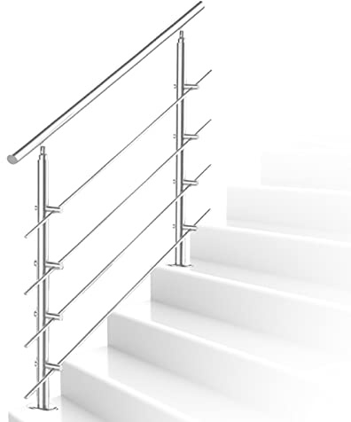 Ikodm Pasamanos para Escaleras 160cm Acero inoxidable Barandilla Interior Exterior Baranda Redonda, con 4 Barras Transversales y Accesorios, Angulo Ajustable para Jardín, Entrada de Casa