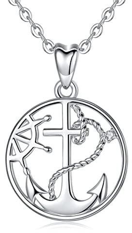 925 Silber Kette & Anhänger Anker Kreuz Steuerrad mit Schmuckbeutel I Glaube Liebe Hoffnung Freiheit Familie