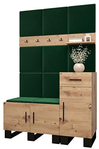 MEBLE KRYSPOL Garderobe Artin Set 5 mit gepolsterten Paneelen Industriell Design (Artisan Eiche + Manila 35 (Grün))