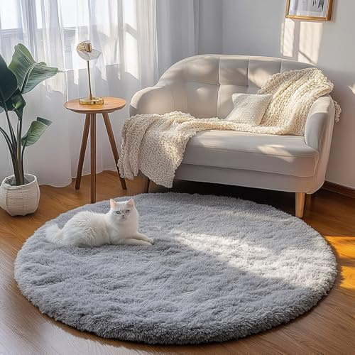 Tenekee Teppich Rund Teppich Wohnzimmer Hochflor Teppiche Langflor Wohnzimmerteppich für Wohnzimmer Flauschiger Teppich Schlafzimmer Outdoor Carpet (Grau, 160cm)