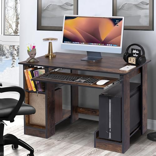 Computer Desk Small Office Desk with Sliding Keyboard Writing PC Desk and Workstation Wooden Desks for Bedroom Study Gaming Table for home office furniture Rustic, 100L x 50D x 75H cm