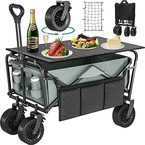 YITAHOME Carrito de Playa con Grandes Ruedas Universales, Carretilla Plegable con Mesa y 2 Portavasos Gran Capacidad 220 lbs, Altura del Mango Ajustable, Carro Camping para Jardín/Playa/Picnic (Gris)